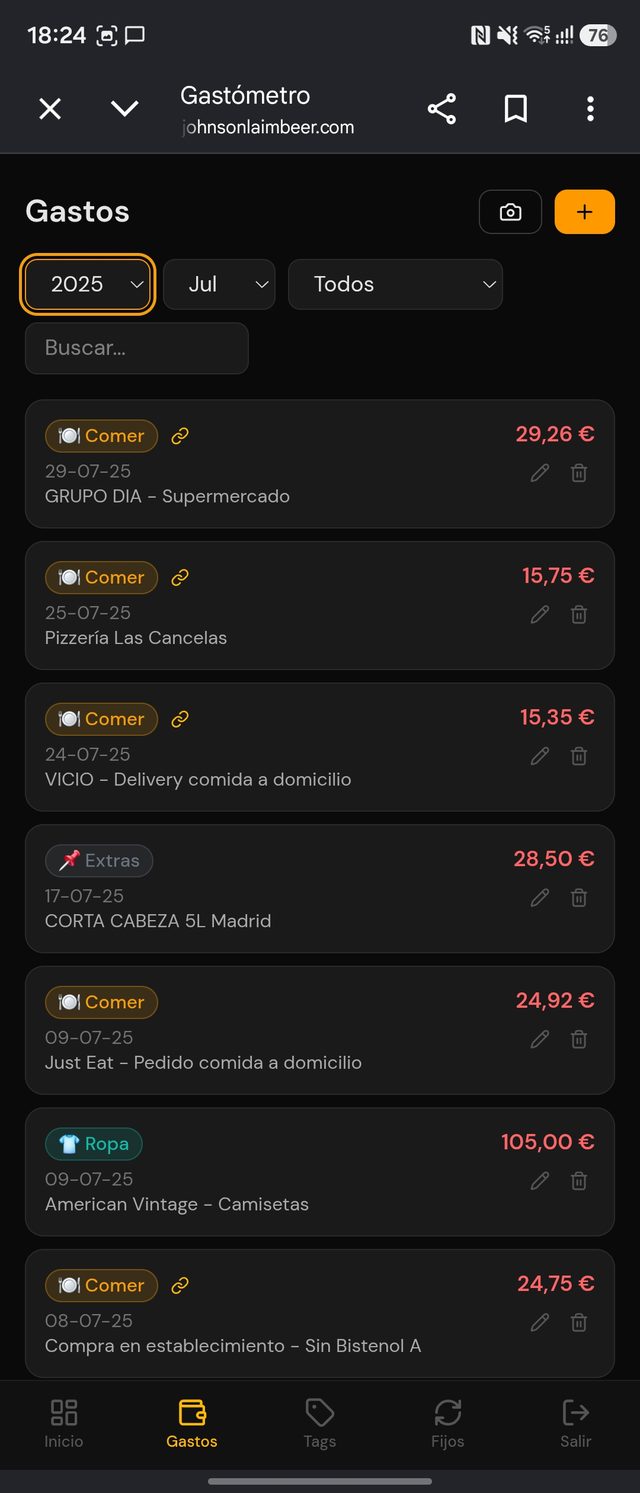 Lista de gastos con categorías de colores